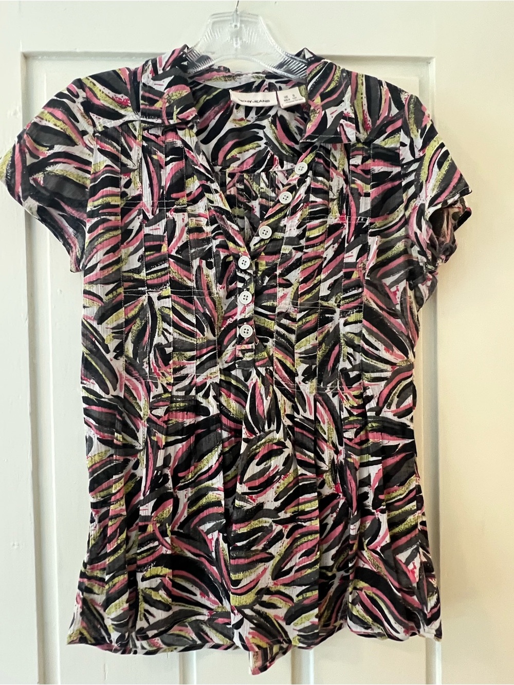 DKNY Pink, Black & Green Patterned Button-Front Blouse